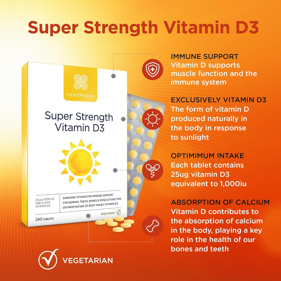 Healthspan Super Strength Vitamin D3 | Immune Health | Bone, Teeth & Muscle Health | Contains 1,000iu of Natural Source Vitamin D3 in Each Tablet | Vegetarian (60 Tablets)