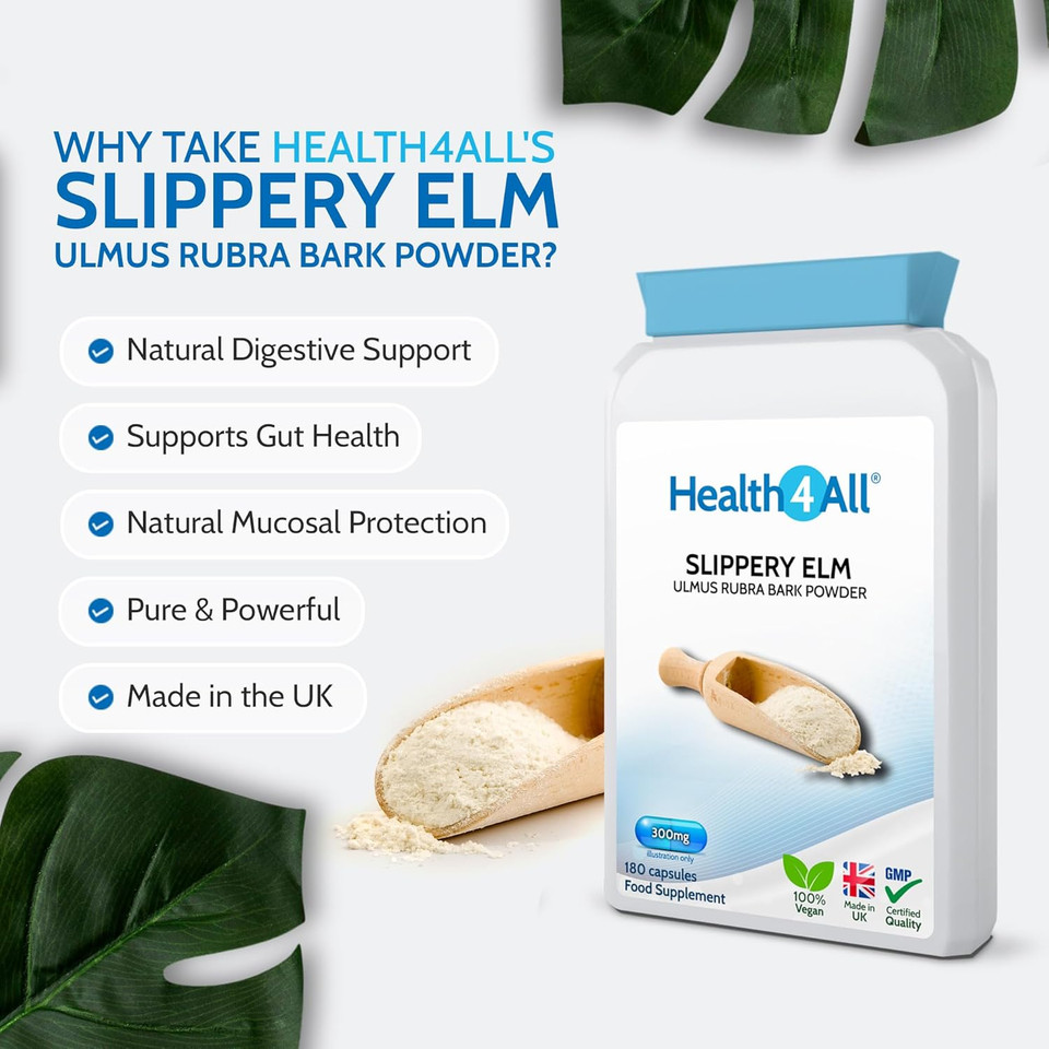 Health4All Slippery Elm 300mg 90 Capsules, Digestive Health & Acid Reflux Support. Vegan Digestive Support Supplement, Slippery Elm Inner Bark Powder, Stomach Soothe, Gluten Free | Made in UK Health4All Slippery Elm 300mg 90 Capsules, Digestive Health & Acid Reflux Support. Vegan Digestive Support Supplement, Slippery Elm Inner Bark Powder, Stomach Soothe, Gluten Free | Made in UK