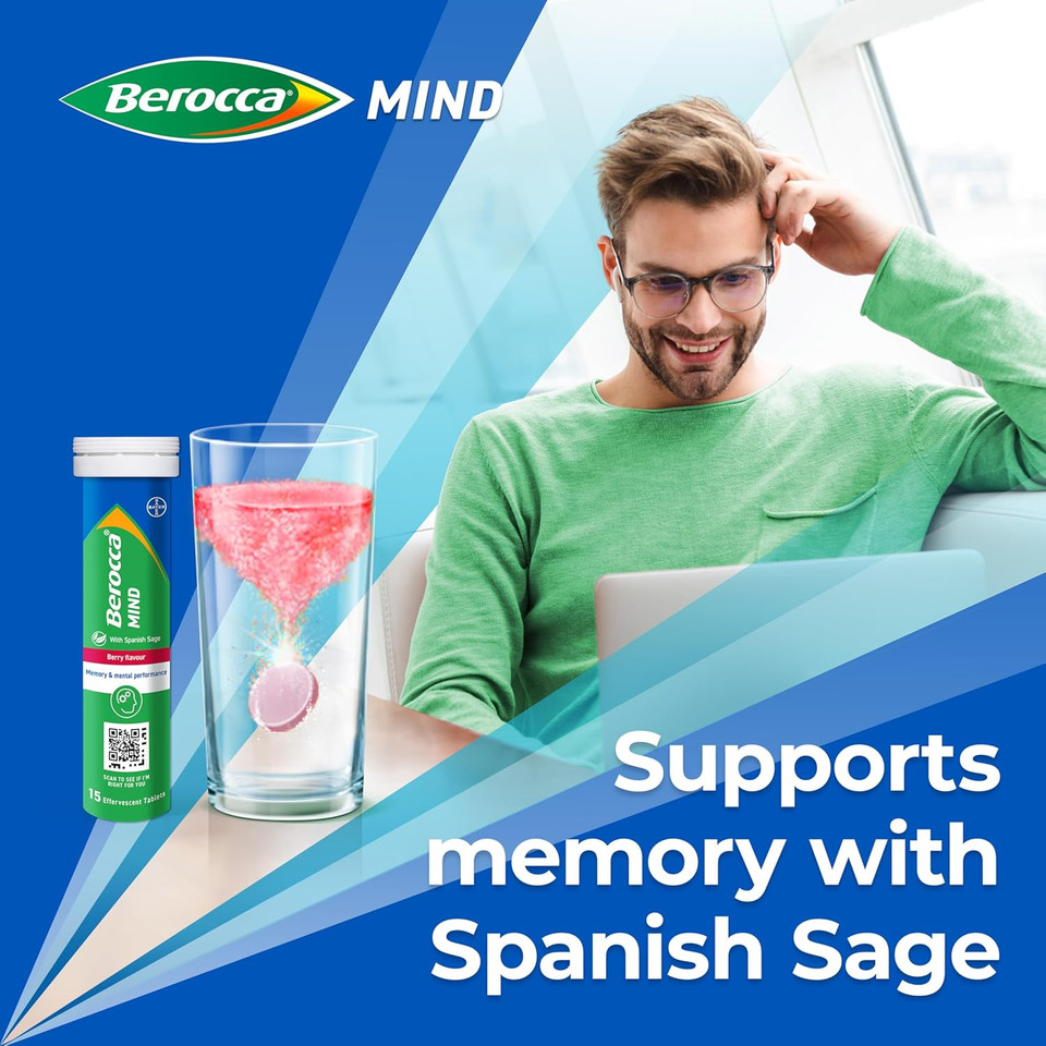 Berocca Mind Effervescent Tablets Including B Vitamins, with Spanish Sage to Support Memory and Mental Performance - 15 Tablets - Berry Flavour