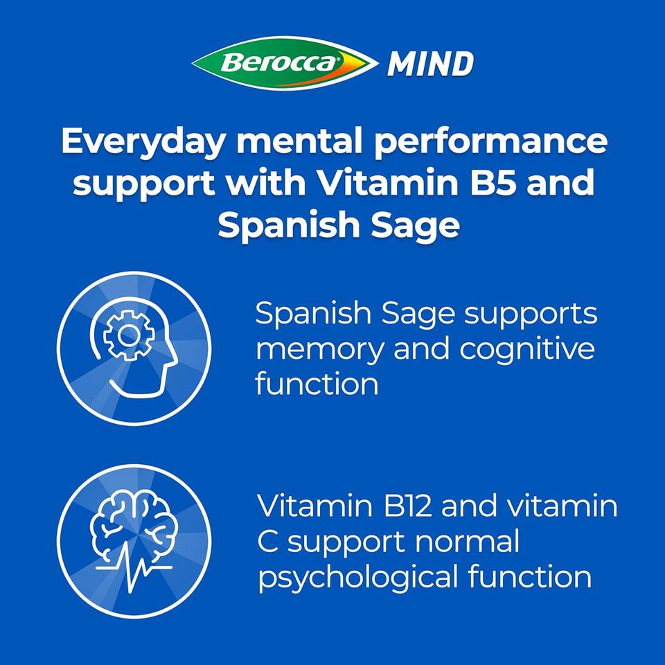 Berocca Mind Effervescent Tablets Including B Vitamins, with Spanish Sage to Support Memory and Mental Performance - 15 Tablets - Berry Flavour