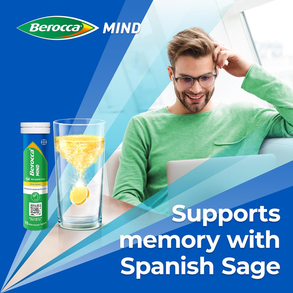 Berocca Mind Effervescent Tablets Including B Vitamins, with Spanish Sage to Support Memory and Mental Performance - 15 Tablets - Citrus Flavour