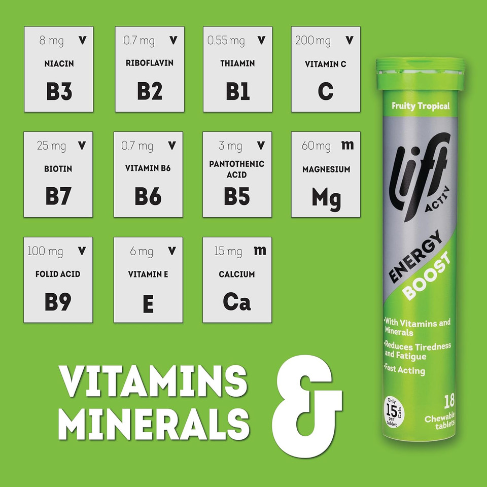 Lift Activ Energy Boosting Glucose Chewable Energy Tablets, Contains Added Multivitamins and Minerals, Fruity Tropical, 1 Pack of 18-Tablet Tubes