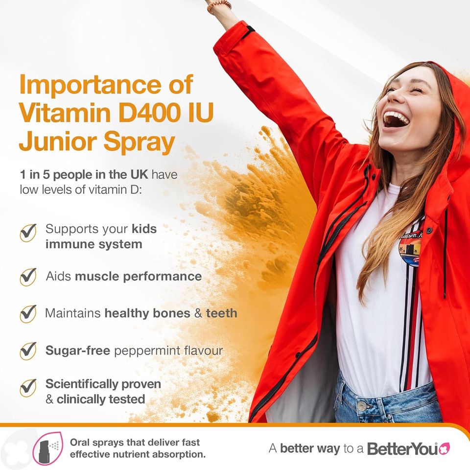 BetterYou Vitamin D 400 IU Junior Daily Oral Spray, Pill-Free Vitamin D3 Supplement for Children, 3-Month Supply, Made in The UK, Natural Peppermint Flavour (Pack of 2)