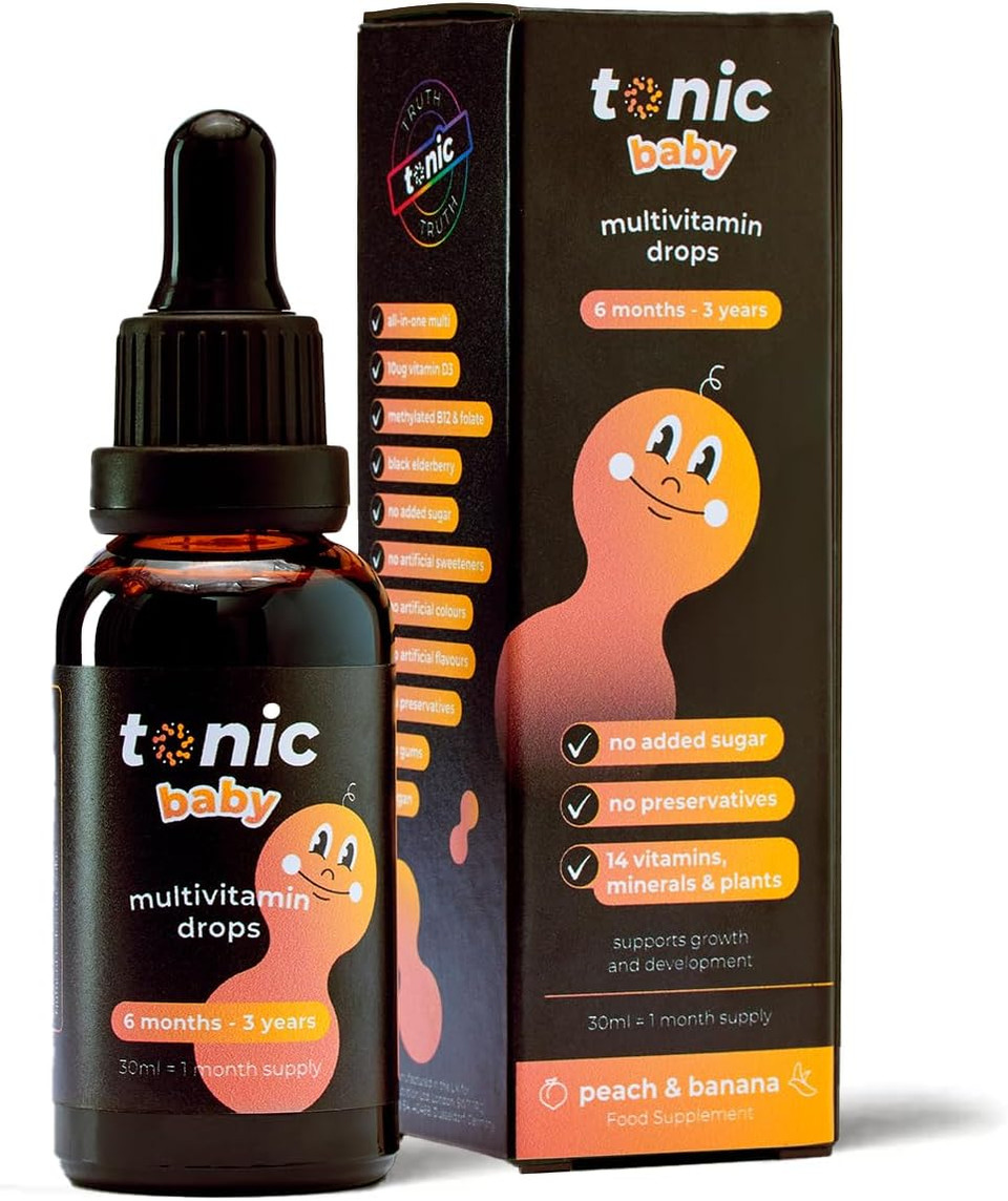 Tonic Health Baby Multivitamin Drops - 14 Baby Vitamins A, C, D, Minerals, and Plants - No Sugar/Preservatives - Kids Vitamins 6 to 36 mos for Growth and Development, Peach and Banana 30ml (Pack of 1)