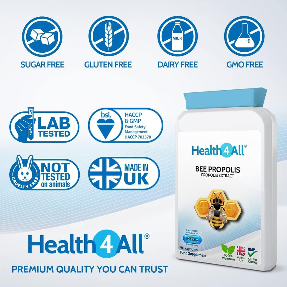 Health4All Bee Propolis 1000mg per Capsule 90 Capsules, High Strength Immune System Booster, Natural Immune Support Supplement (not Tablets) | Made in UK