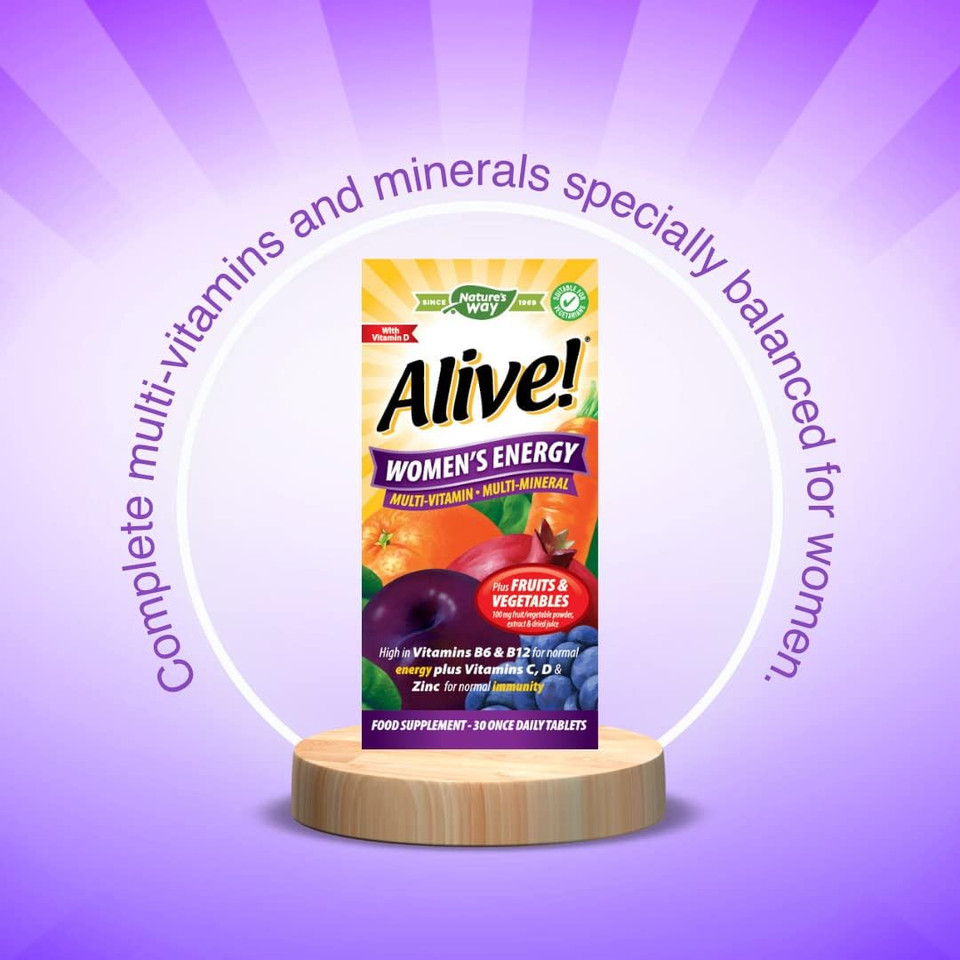 Alive! Women's Energy Multi-Vitamin and Minerals, Specially Balanced for Women, Unique Dried Blend of 26 Fruits & Vegetables, Suitable for Vegetarians - 30 Tablets