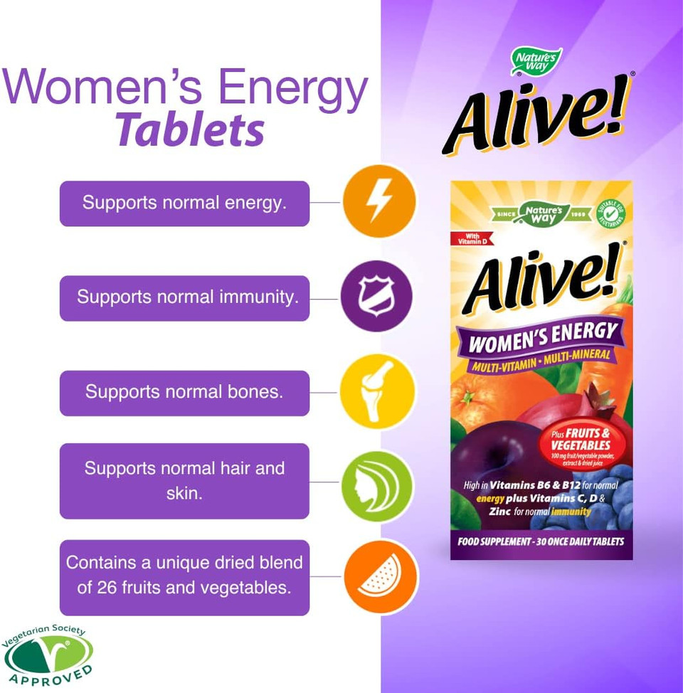Alive! Women's Energy Multi-Vitamin and Minerals, Specially Balanced for Women, Unique Dried Blend of 26 Fruits & Vegetables, Suitable for Vegetarians - 30 Tablets