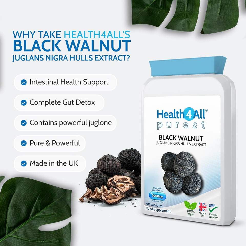 Health4All Black Walnut Hulls 2000mg 90 Capsules, Strongest Black Walnut Green Hull Capsules for Intestinal Health, Cleanse & Detox, Vegan, Purest: no additives | Made in UK