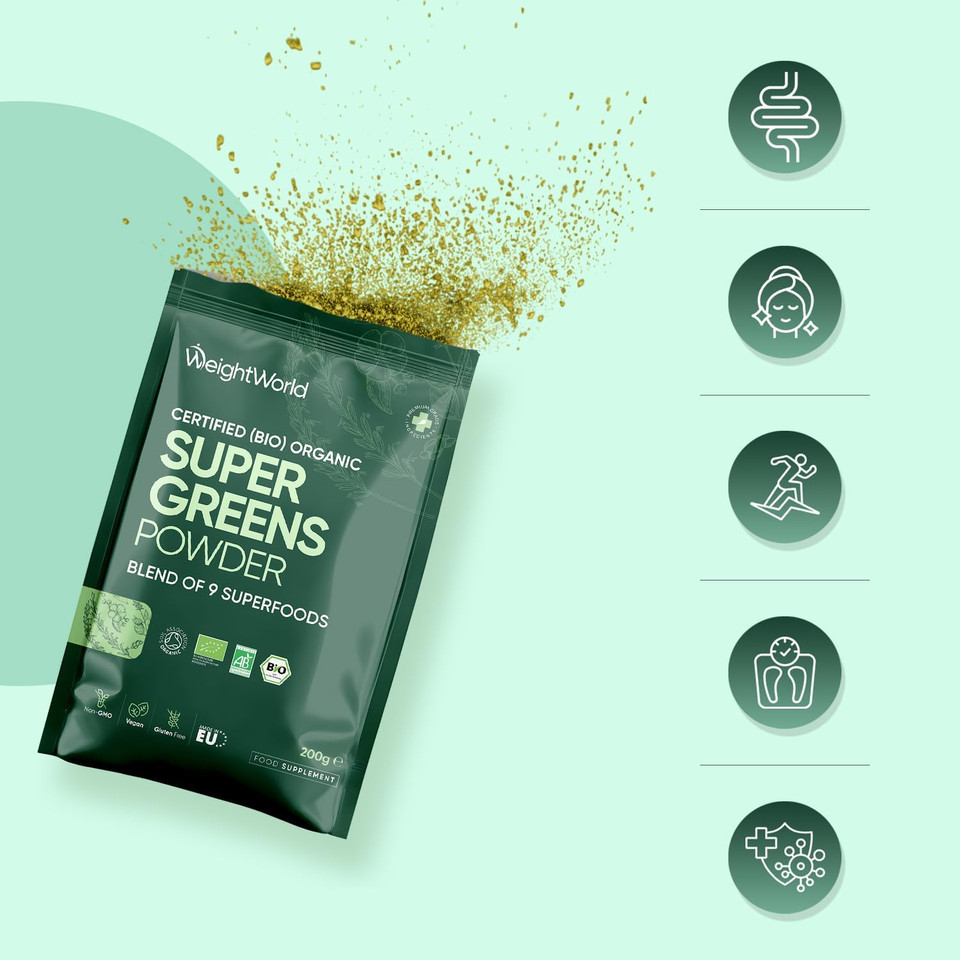 Organic Super Greens Powder - Soil Association Certified - Only Nutrient-Rich Superfoods Like Maca, Guarana & Chlorella - Vegan-Friendly, Soy-Free & Gluten-Free Greens and Superfood Powder Supplement