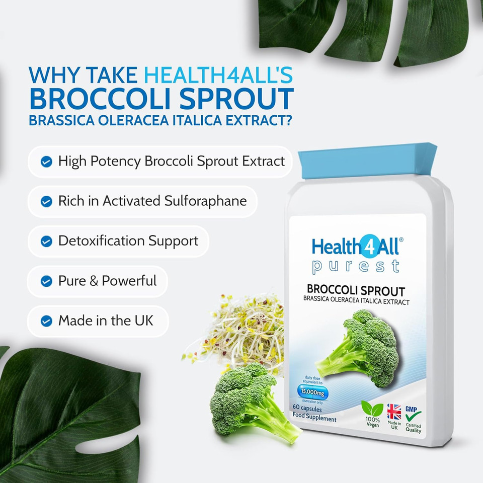 Health4All Broccoli Sprout Extract 15,000mg - 7500mcg Activated Sulphoraphane - 60 Vegan Broccoli Extract Capsules - High Strength Sulforaphane Supplement