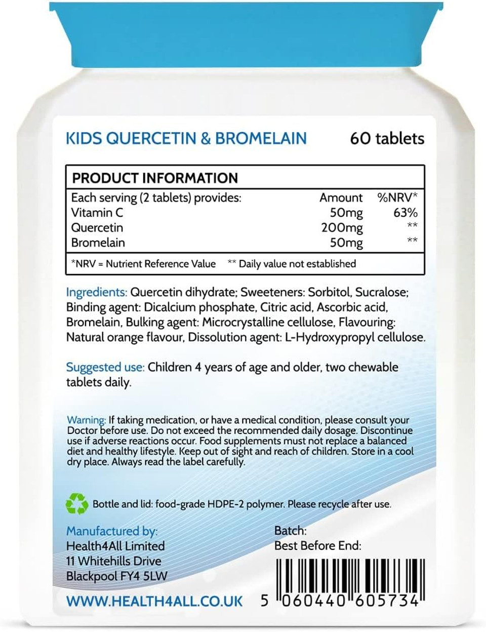 Health4All Kids Quercetin with Bromelain and Vitamin C 60 Chewable Tablets Natural Antihistamine