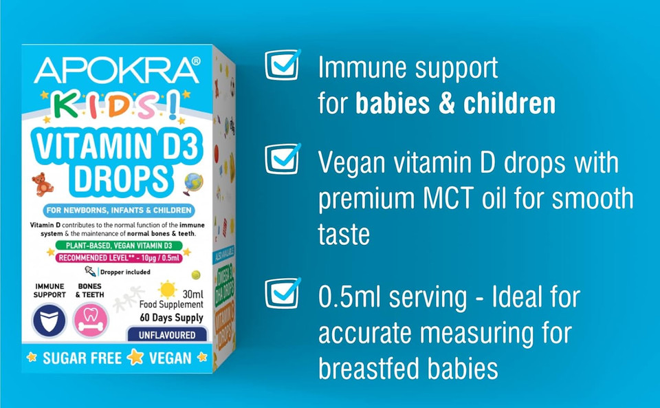 Vitamin D Drops Baby & Kids - Vegan - 60 Days Supply  30mL  Preservative Free and Sugar Free Kids Vitamins - VIT D 400IU in MCT Oil - 10 micrograms per 0.5mL | APOKRA