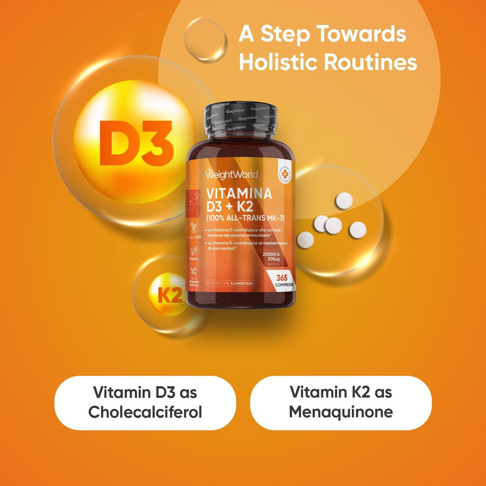 Vitamin D3 + K2 Tablets | 2000IU Vitamin D3 (Cholecalciferol) | 200mcg Vitamin K2 (Menaquinone) | with 100% All-Trans MK-7 | 365 Vegan Tablets | 6mm Micro-Tablet | 1 Year Supply