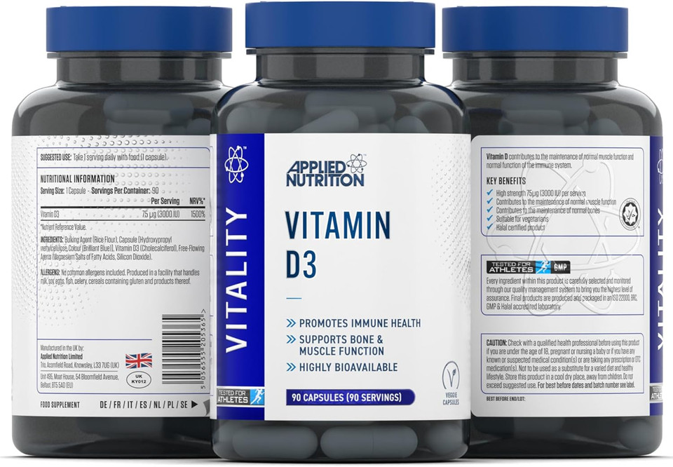 Applied Nutrition Vitamin D3 3000 IU | 75µg High Strength for Immune Support, Bones, Muscles & Energy | Vegetarian | Halal - (90 Capsules) (3 Month Supply)