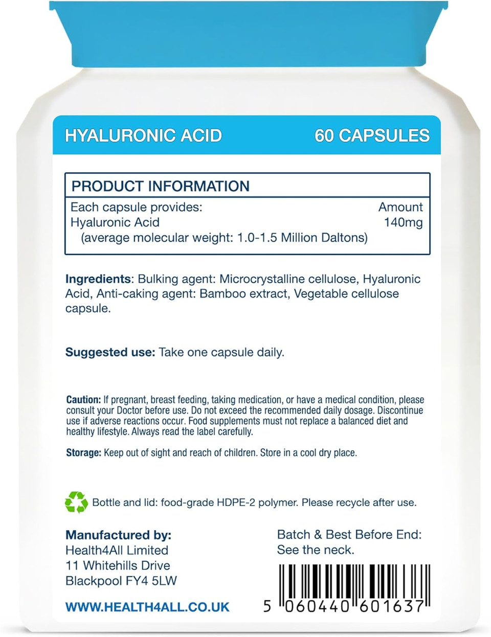 Health4All Hyaluronic Acid 140mg, 60 Capsules 2 Months Supply, 1.0-1.5 Million Daltons for Radiant Skin, Hair and Joint Support | High Strength Vegan Supplement with Glucoronic Acid | Made in UK