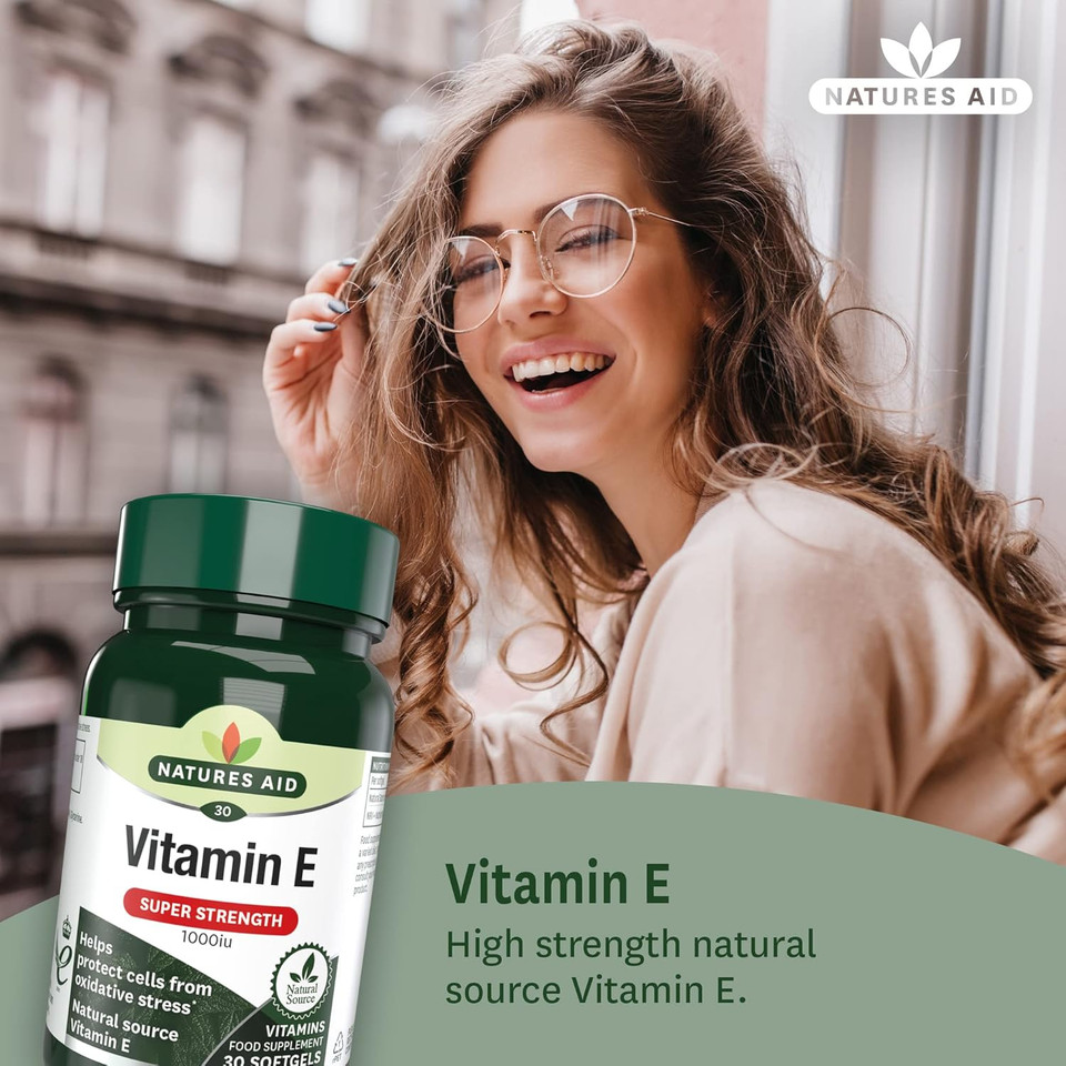 Natures Aid Vitamin E 1000iu - High Strength Natural Antioxidant - Supports Skin, Heart, Eyes, Immune Health & Cell Protection - Non-GMO, Gluten-Free - 30 Softgel Capsules