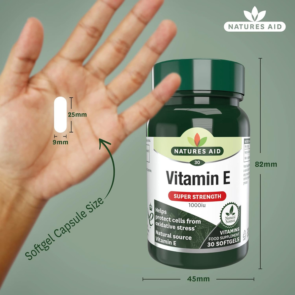 Natures Aid Vitamin E 1000iu - High Strength Natural Antioxidant - Supports Skin, Heart, Eyes, Immune Health & Cell Protection - Non-GMO, Gluten-Free - 30 Softgel Capsules