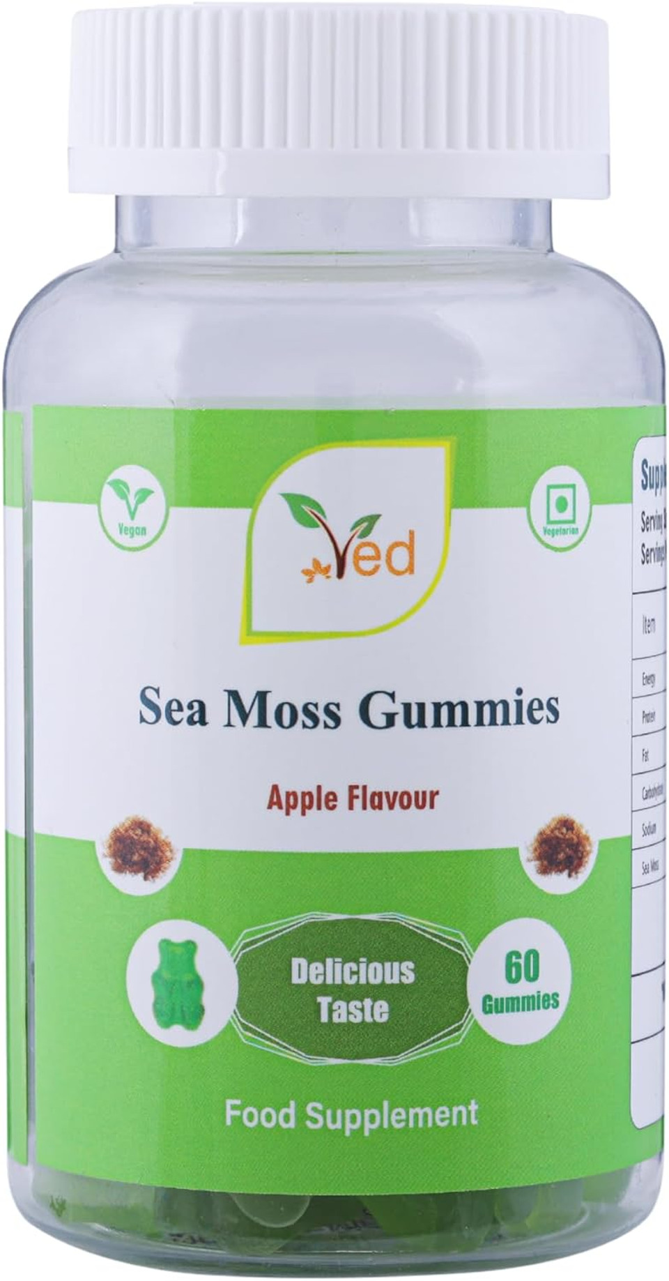Ved Sea Moss Gummies; SM Chews Apple Flavour, Raw Unfiltered Sea Moss Gummies with Mother Culture, Vegetarian Vegan Health Supplement for Men and Women- 60 Chews 30 Days Supply