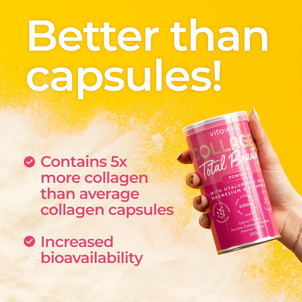 Vitawell Collagen Total Beauty Powder Supplement for Women | 8,000mg Hydrolysed Collagen Peptides Powder with Vitamin C + Magnesium + Hyaluronic Acid | Non-GMO 200g (Lemon Flavour)