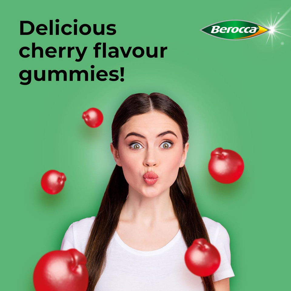 Berocca Multi-Action Multivitamin Gummies - Including Vitamin D, C, A, B-Complex (B1, B2, B3, B6, B7 & B12), E - Supplement for Women, Men and Kids - 60 Gummies - Cherry Flavour