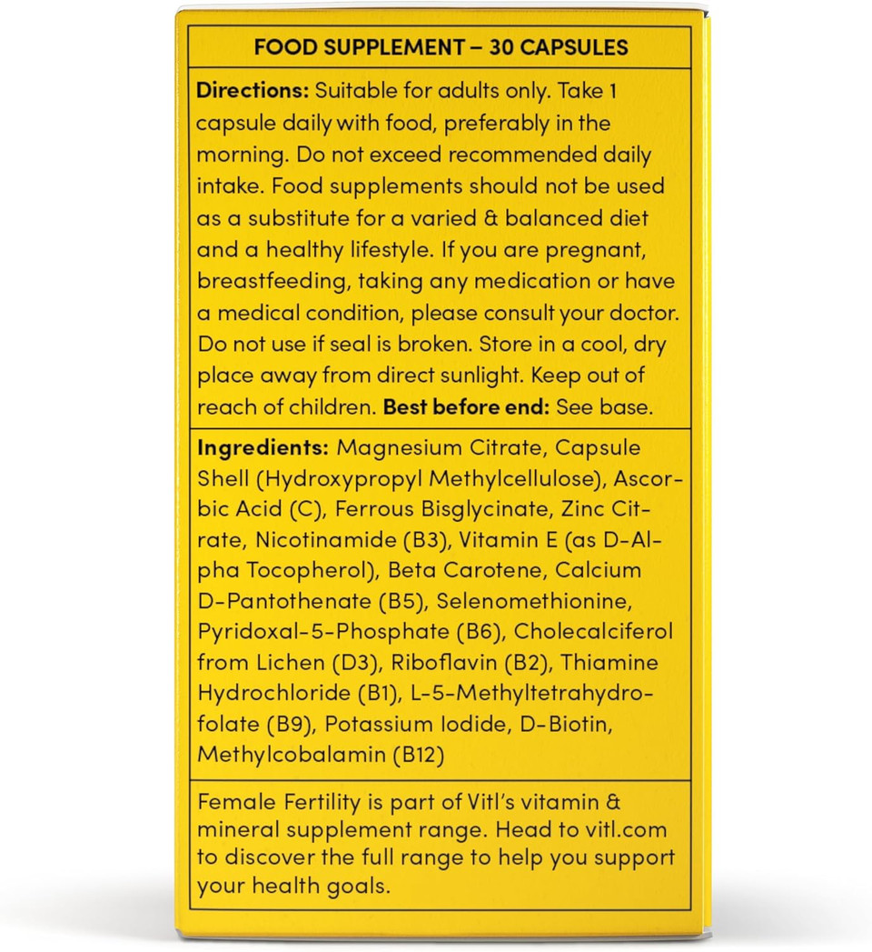 Vitl Female Fertility Supplement - 30 Vegan Capsules - includes Folic Acid, Vitamin B12 & Zinc - Formulated with 17 Essential Nutrients & Vitamins - Conception Support for Women - 1 Month Supply