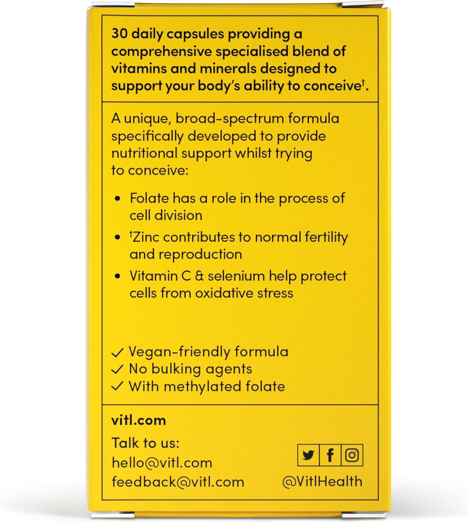 Vitl Female Fertility Supplement - 30 Vegan Capsules - includes Folic Acid, Vitamin B12 & Zinc - Formulated with 17 Essential Nutrients & Vitamins - Conception Support for Women - 1 Month Supply