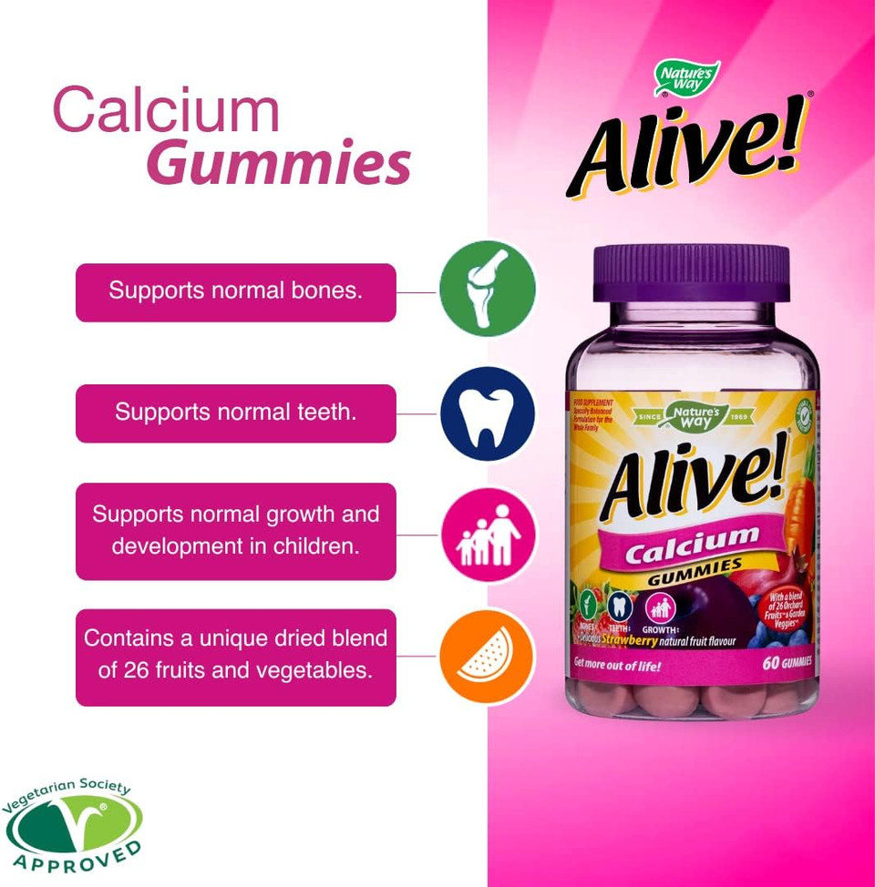 Alive! Calcium Gummies with Vitamin D3 | 60 Chewable Gummies | Specially Formulated for Adults and Children From 3 Years