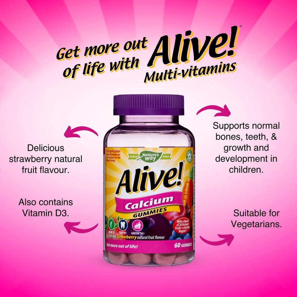 Alive! Calcium Gummies with Vitamin D3 | 60 Chewable Gummies | Specially Formulated for Adults and Children From 3 Years