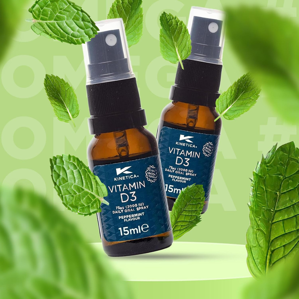 Kinetica Sports Vitamin D3 Oral Spray - Peppermint Flavour | 3000 IU/Spray, 120 Dose/Pack | Easily Absorbed & Provides Maximum Strength | Supports The Normal Function of Bone & Immune Health