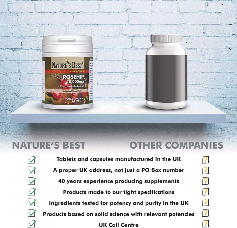 Rosehip Tablets 10,000mg | 60 Vegan Tablets | One-A-Day | 2 Months Supply | High Strength | with 250mg Vitamin C for Normal Collagen Formation | Perfect Partner to Turmeric | UK Made