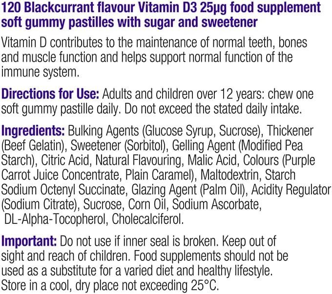 Vitawell Adult Vitamin D 25µg Gummies | 120 Blackcurrant Flavour Gummies | High Strength Vit D3 Formula | 4 Months Supply | One a Day Chewable Adult Vitamin | Bone & Immune Health | By Vitawell