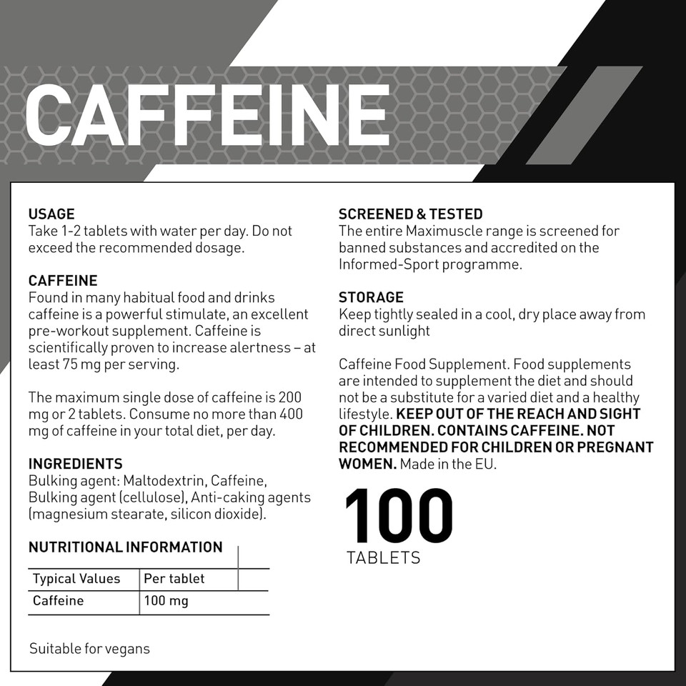 MaxiNutrition Caffeine Tablets 100mg 100'S, Performance Support, Pre-Workout Boost