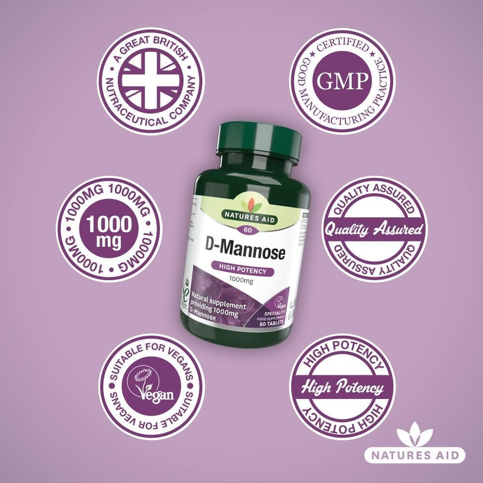 Natures Aid D-Mannose 1000mg - High Strength - Supports Urinary Tract Health - Vegan - Non-GMO - Gluten Free - Antioxidant Support - Food Supplement for Women & Men - 60 Tablets