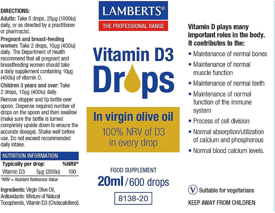 Lamberts Vitamin D3 Liquid Drops 200IU 20ml