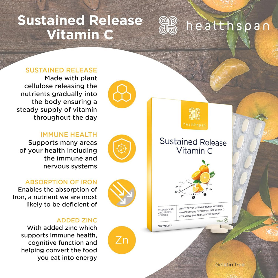 Healthspan Vitamin C Sustained Release 500mg (3 Months' Supply) | to Support Your Immune and Nervous Systems | Added zinc to Support Cognitive Function | Vegan Healthspan Vitamin C Sustained Release 500mg (3 Months' Supply) | to Support Your Immune and Nervous Systems | Added zinc to Support Cognitive Function | Vegan
