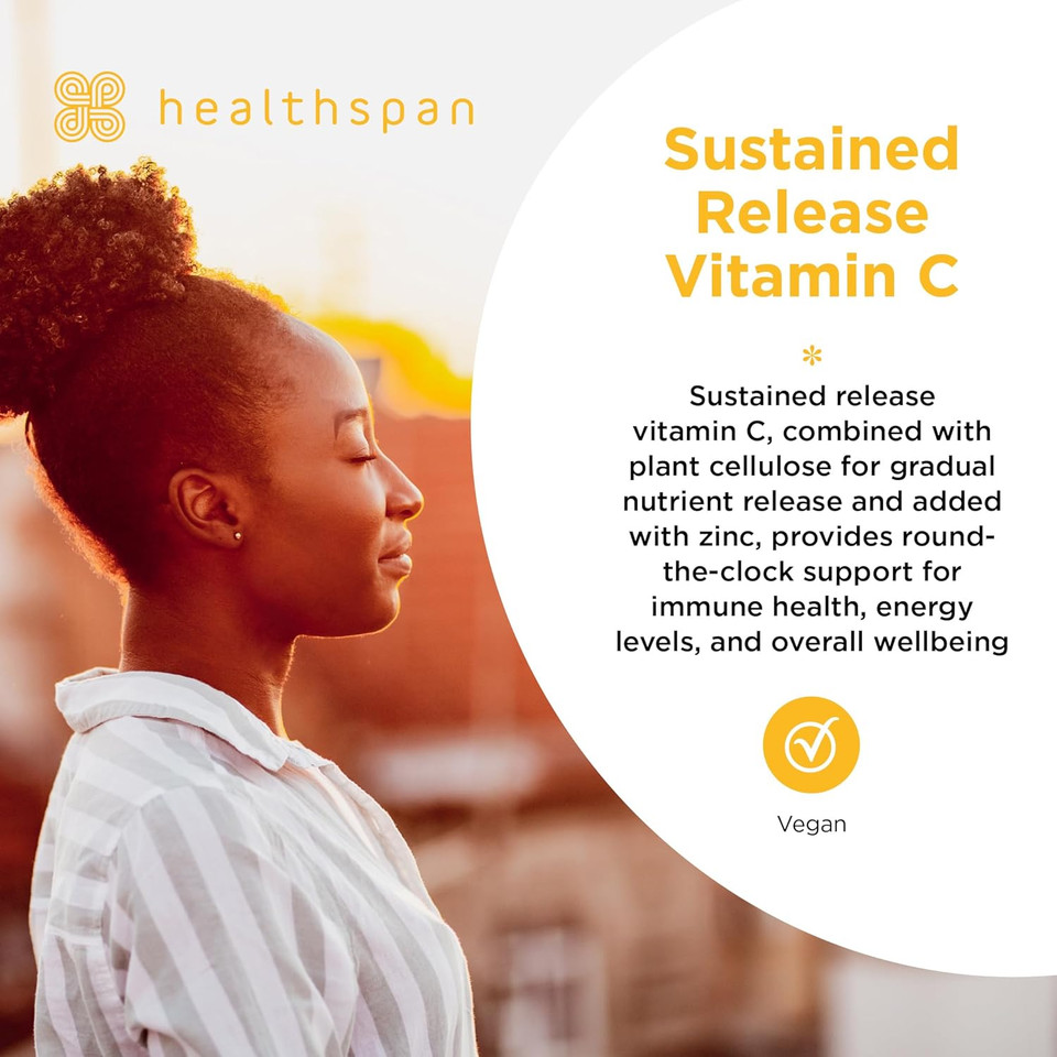 Healthspan Vitamin C Sustained Release 500mg (3 Months' Supply) | to Support Your Immune and Nervous Systems | Added zinc to Support Cognitive Function | Vegan Healthspan Vitamin C Sustained Release 500mg (3 Months' Supply) | to Support Your Immune and Nervous Systems | Added zinc to Support Cognitive Function | Vegan