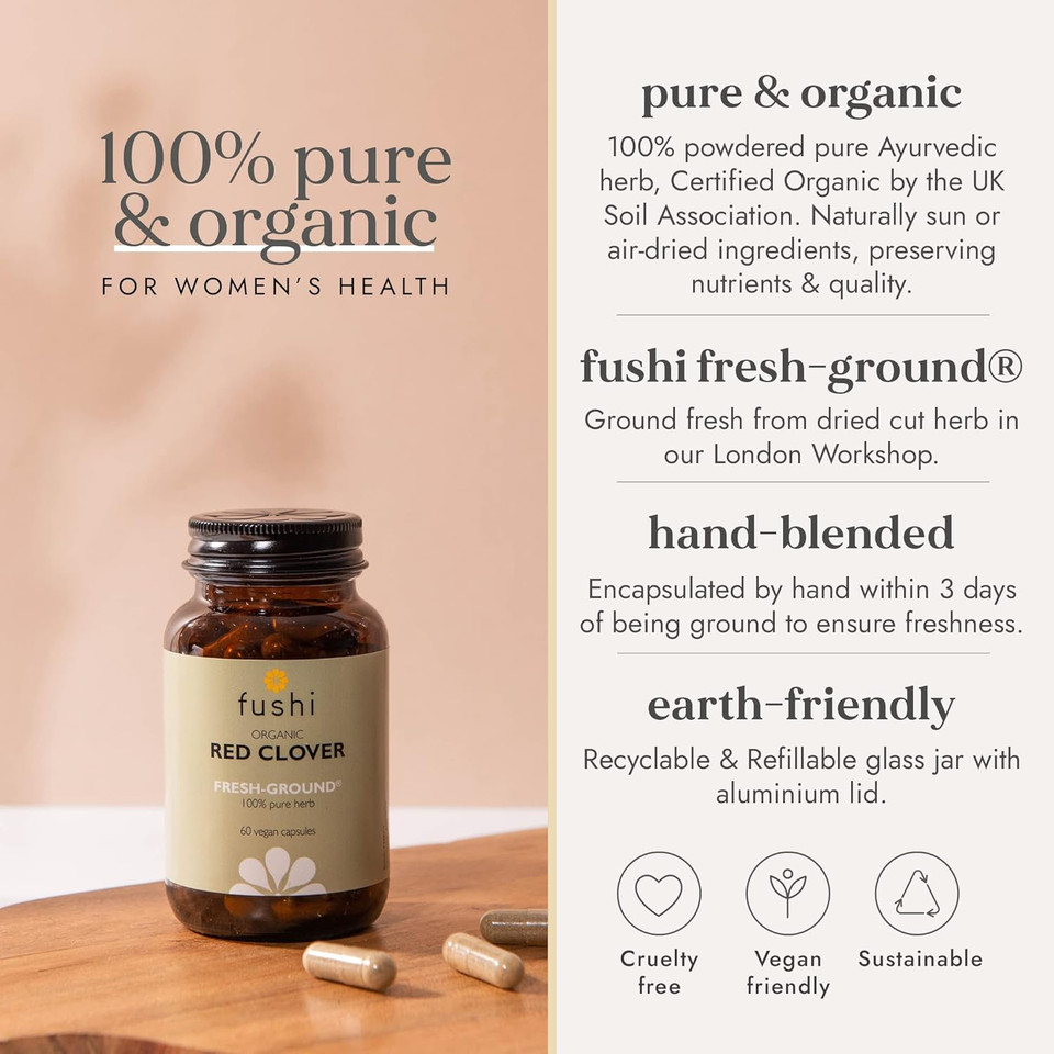 Fushi Organic Red Clover Capsules, 60 Caps | Fresh-Ground Whole Food | Rich in Minerals, Supports Womens Health | Indigenously Sourced | Ethical, Vegan & Made in the UK