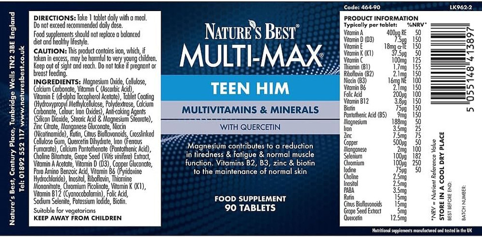 Nature's Best Multi-Max Multivitamin for Teen Him - with Vitamin C, Selenium and Magneisum - Growth & Development Support for Boys 13-19 - UK Made - 90 Tablets (3 Months' Supply)