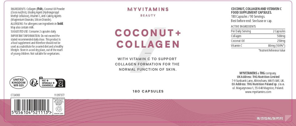 Myprotein Coconut Collagen Capsules  60 Capsules  Hydrolysed Collagen with Coconut Oil & Vitamin C  Supports Skin, Hair & Nails  Helps Maintain Skin Health