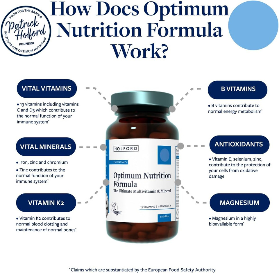 Patrick HOLFORD Optimum Nutrition Formula/The Ultimate, Multi-Vitamin & Mineral Supplement/for Daily & Long-Term Health / 24 Nutrients/Naturally Sourced / 60 Tablets/Vegan/for Women & Men