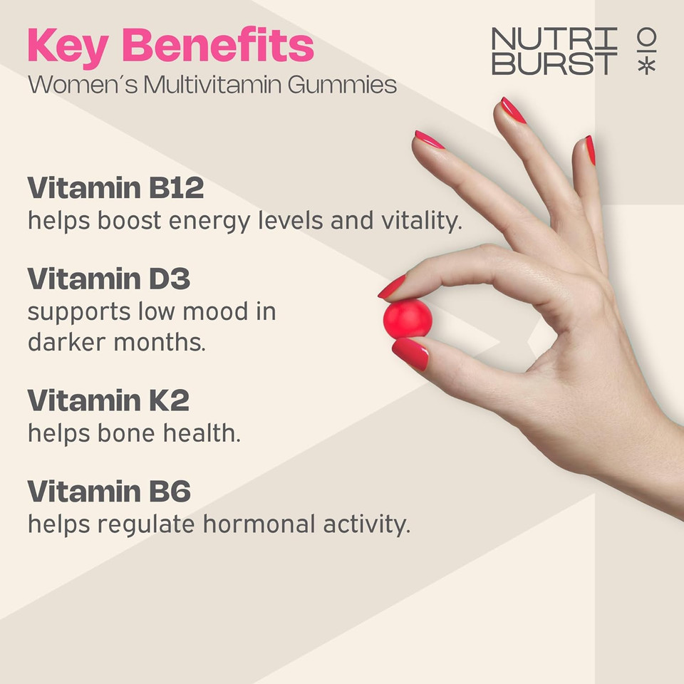 Nutriburst Womens Multivitamin - Hormone Regulation & Support Collagen Formation - Contains 15 Micronutrients; B5, B6, B12, C, D - Vegan, Sugar Free Supplement - 60 Berry Gummies - 1 Month Supply