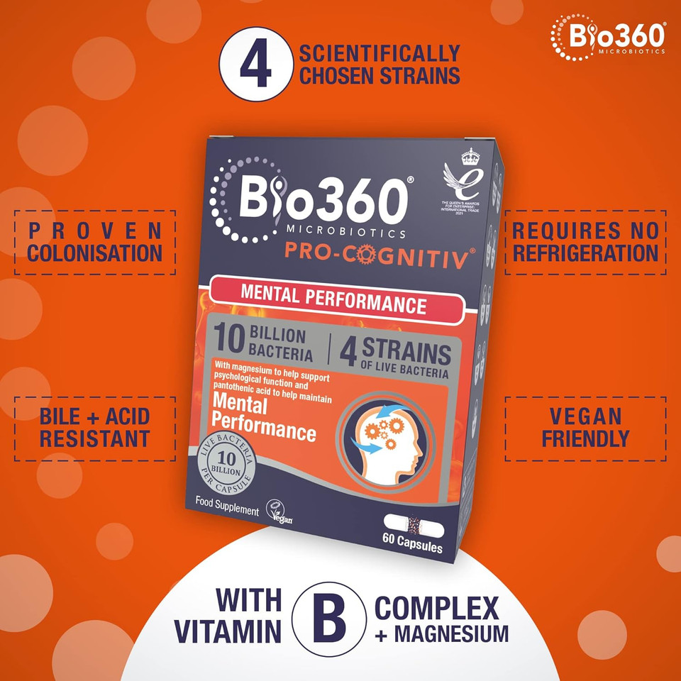 Natures Aid Bio360 Pro-Cognitiv Probiotic 10 Billion Live Bacteria CFU - Supports Brain Health and Mental Performance - High Strength - Vegan, Gluten Free, Non-GMO - 60 Capsules