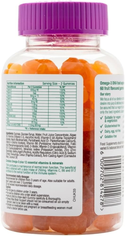 Chewy Vites Kids Brain Support, 60 Kids Vitamins Gummies, Omega-3 DHA, 13 Essential Vitamins & Minerals, 1 Months Supply, Real Fruit Juice, Vegan, Age 3 +, Citrus Flavour