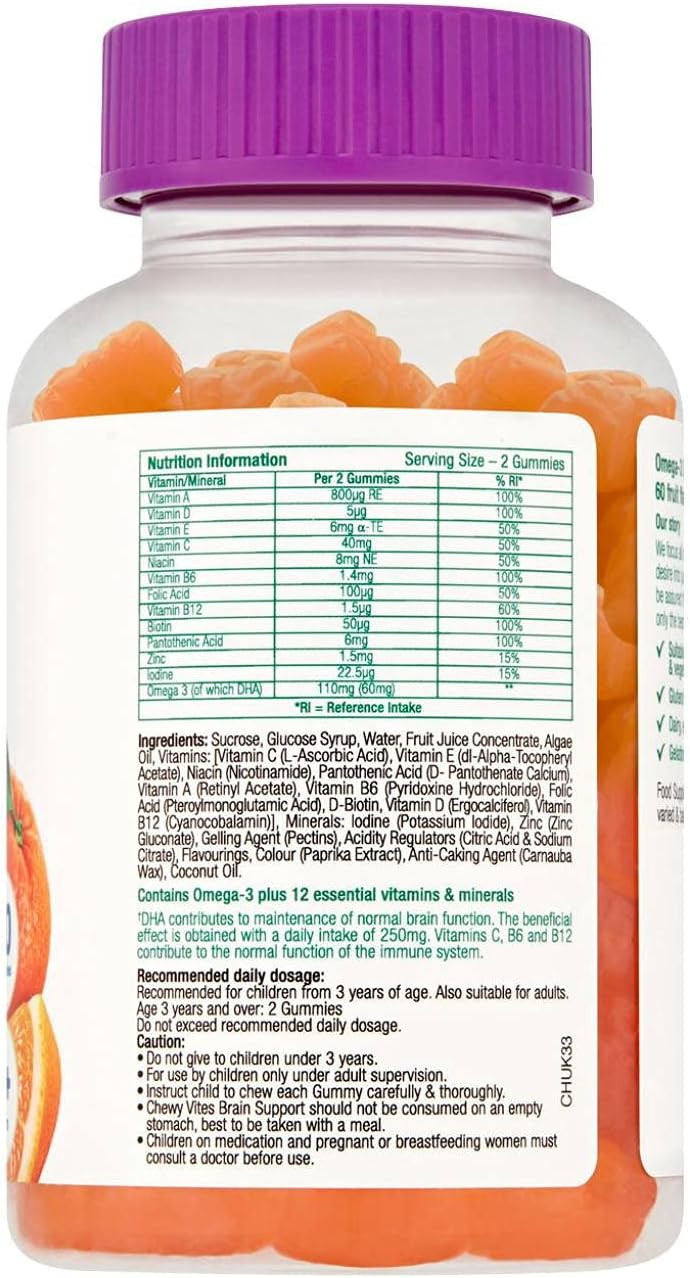 Chewy Vites Kids Brain Support, 60 Kids Vitamins Gummies, Omega-3 DHA, 13 Essential Vitamins & Minerals, 1 Months Supply, Real Fruit Juice, Vegan, Age 3 +, Citrus Flavour