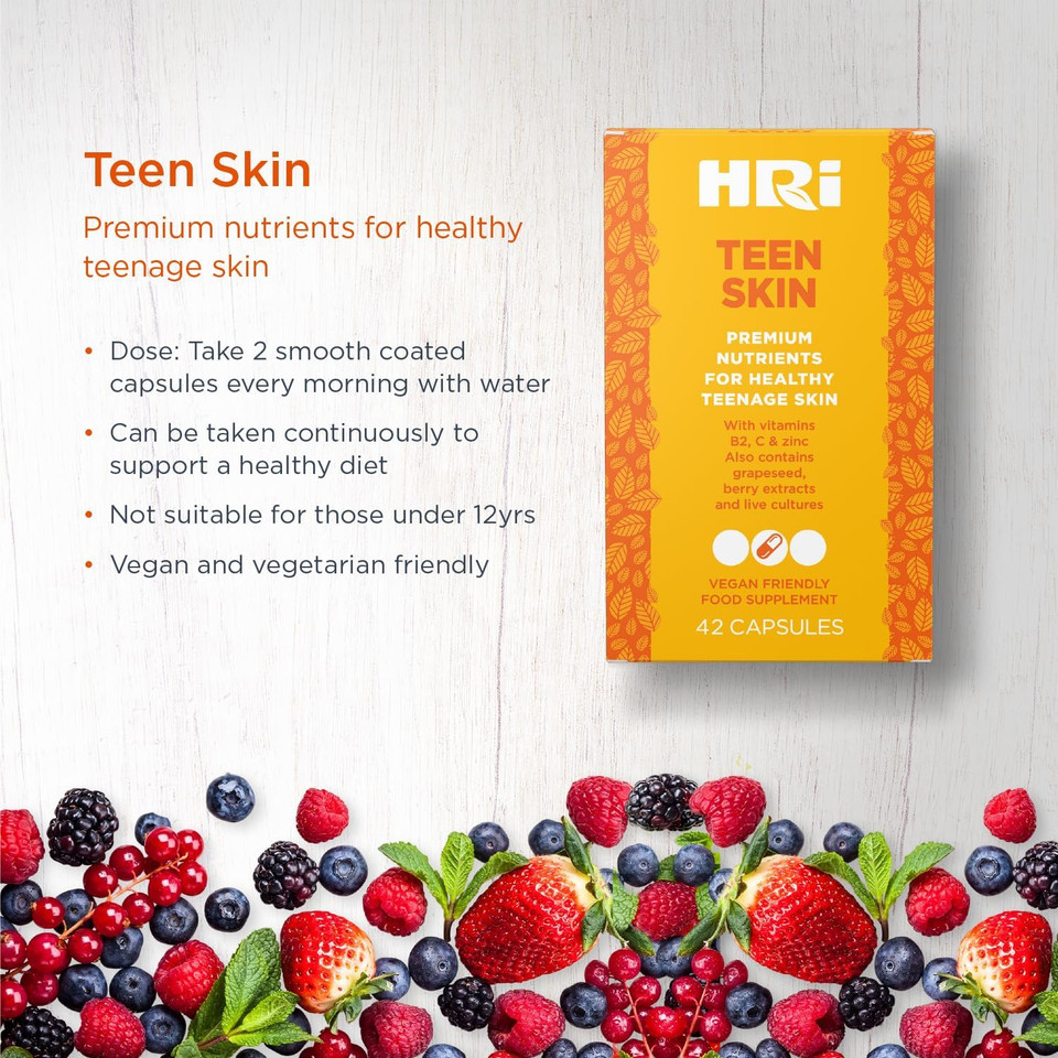 HRI Teen Skin Kids Vitamins - Multivitamin for Kids 12-18 Years - to Aid Health and Well Being of Teens. Healthy Immune System, Gut, Skin Care for Teenage Girls and Boys. 42 Vegan Capsules