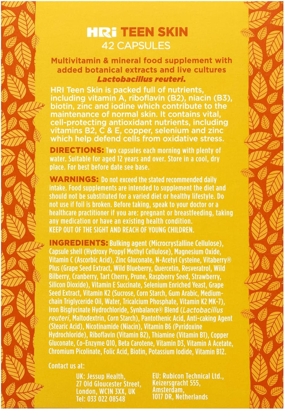 HRI Teen Skin Kids Vitamins - Multivitamin for Kids 12-18 Years - to Aid Health and Well Being of Teens. Healthy Immune System, Gut, Skin Care for Teenage Girls and Boys. 42 Vegan Capsules