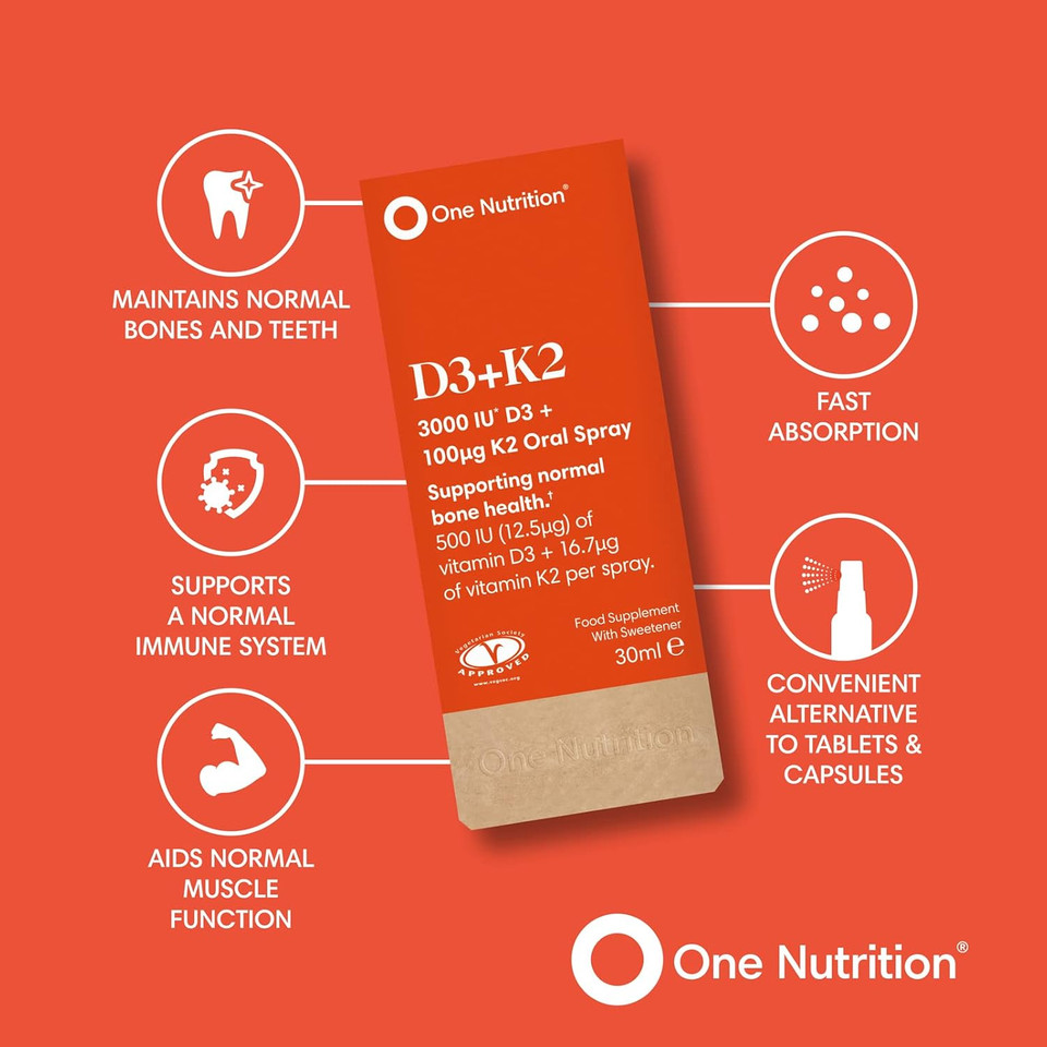 One Nutrition D3 + K2 Oral Spray  Vitamin D3 & Vitamin K2  Highly Absorbable  Supports Bone Health & Immune System  Orange Flavour  500IU D3 and 16.7µg K2 Per Spray - 180 Sprays