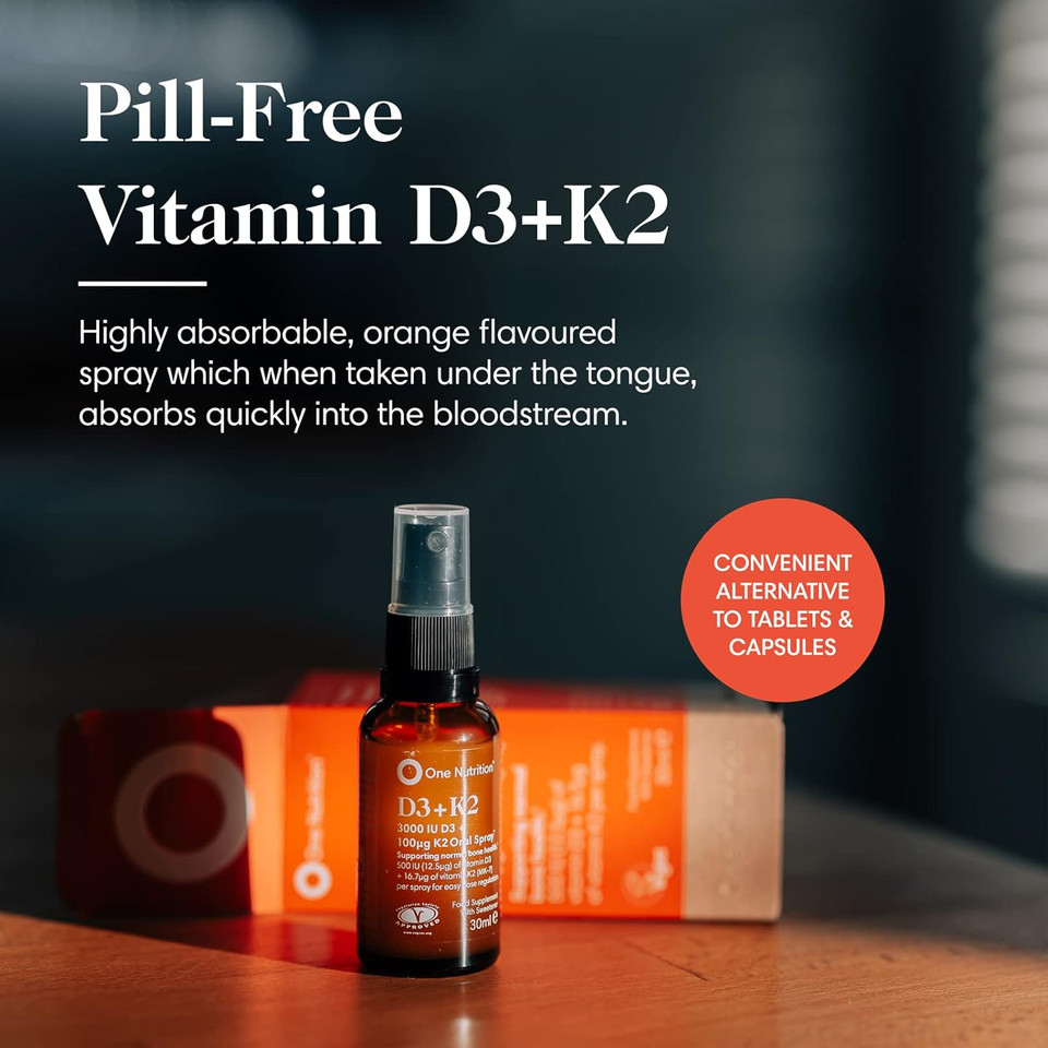 One Nutrition D3 + K2 Oral Spray  Vitamin D3 & Vitamin K2  Highly Absorbable  Supports Bone Health & Immune System  Orange Flavour  500IU D3 and 16.7µg K2 Per Spray - 180 Sprays