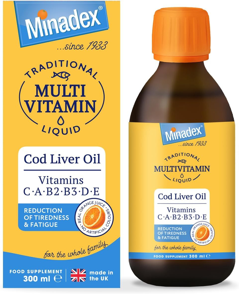 Minadex Traditional Multivitamin Liquid 300 ml  Vitamin A, B2, B3, D & E with Cod Liver Oil, Immune Support, Energy & Bone Health, Natural Orange Flavour (2-Month Supply), Made in UK
