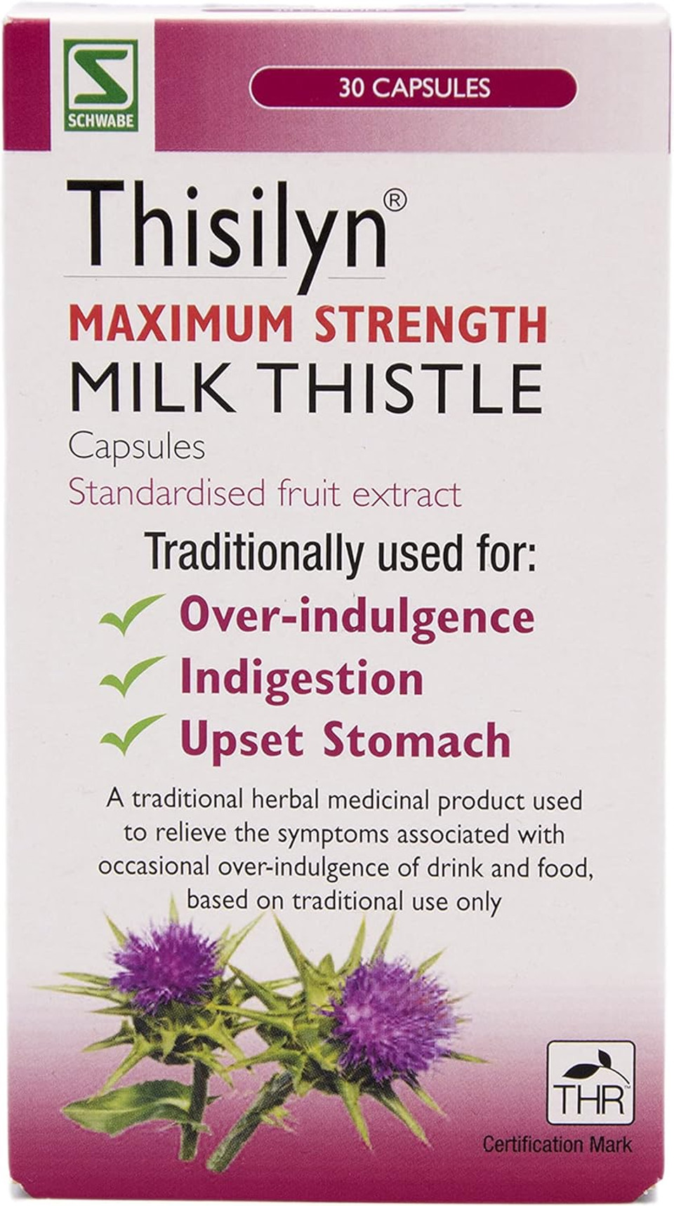Schwabe High Strength Milk Thistle - Thisilyn Maximum Strength - Traditionally Used for Relief of Overindulgence, Indigestion, Upset Stomach - Traditional Herbal Medicinal Product - 30 Capsules